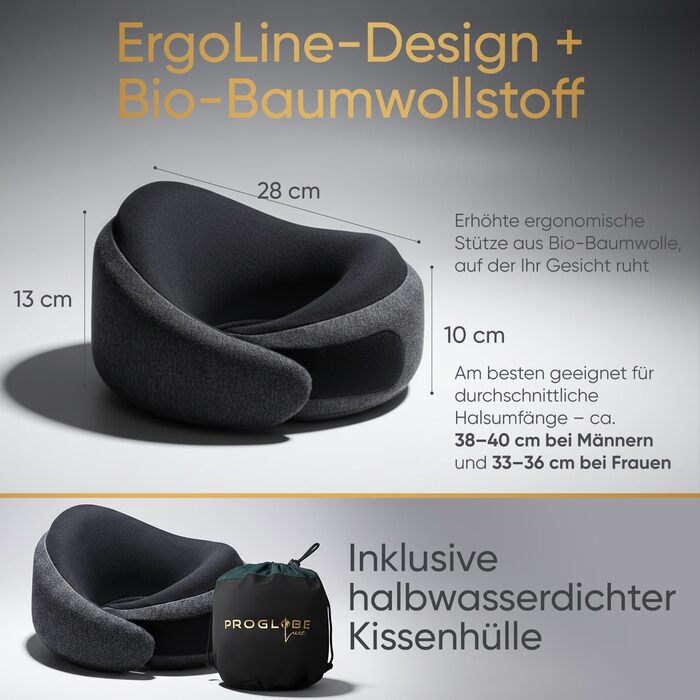 Подорожній нашийник Proglobe Luxe з ефектом пам'яті (Memory Foam), колір антрацит — ергономічна подушка під шию з підтримкою підборіддя та сумкою для зберігання