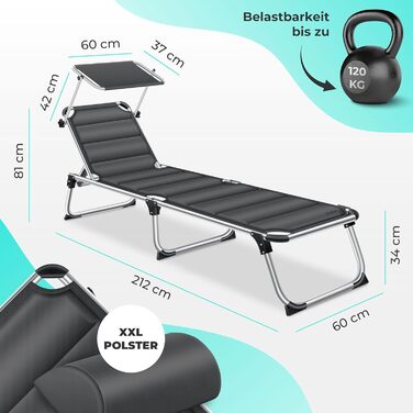 Шезлонг KESSER® Sun з дахом для саду: регульована спинка, зручна лежача поверхня, алюмінієвий каркас, портативний, антрацит (з преміум-подушкою)