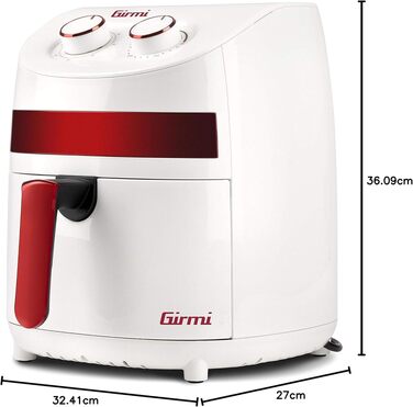 Компактна аерофритюрниця Girmi FG93 Ecofrit, 3.2 л, 1000 Вт, економна (до -30% енергії), з антипригарним покриттям та книгою рецептів, Білий/Червоний