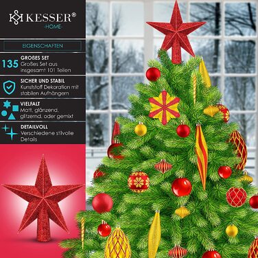 Набір ялинкових куль KESSER, 135 шт, червоно-золоті, пластикові, небиткі, з верхівкою, декор для ялинки та новорічна прикраса