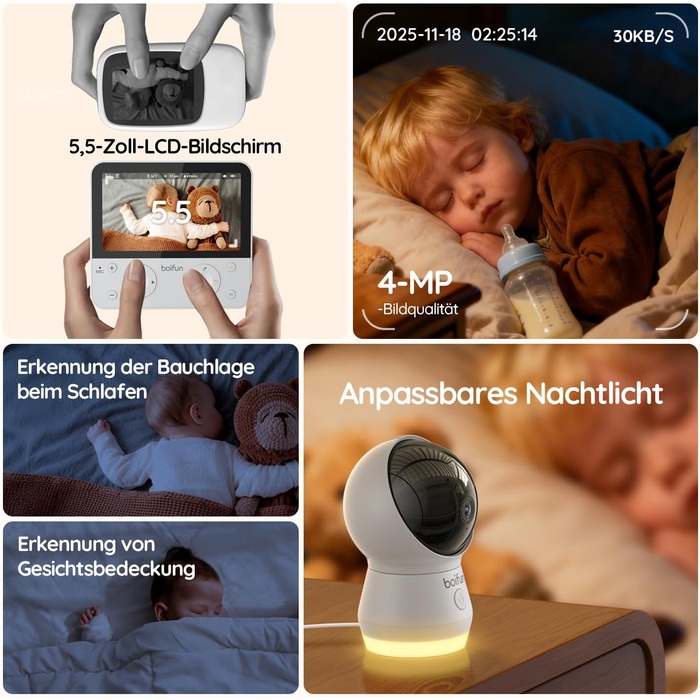 Відеоняня BOIFUN з камерою Wi-Fi 4MP, моніторинг через додаток, виявлення положення дитини, нічник, нічна зйомка, датчик руху/плачу/звуку, автотрекінг, сповіщення про вихід за межі зони