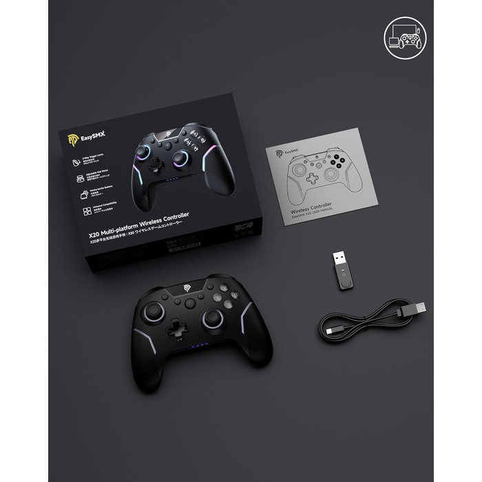 Бездротовий геймпад EasySMX X20 для PC, Switch та смартфонів: RGB підсвітка, Hall-ефект стіки, механічні кнопки, гіроскоп 6 осей, Bluetooth (Чорний)