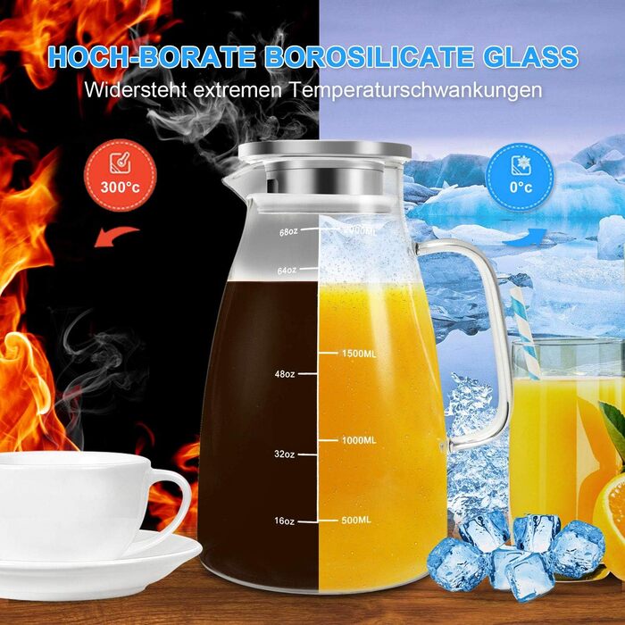 Скляна карафа Aofmee 2 літри з кришкою, для води, соку, айс-ті, 2L