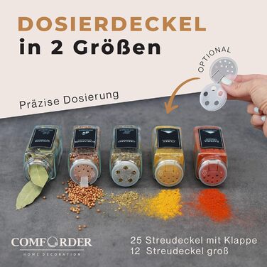 Набір баночок для спецій COMFORDER 25 шт, органайзер зі стікерами, лійкою та кришками, 120 мл, скляні квадратні, металевий дозатор