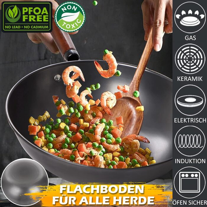 Wok-сковорода DIIG 33 см з кришкою, вуглецева сталь, антипригарна, для індукції, з дерев'яною лопаткою