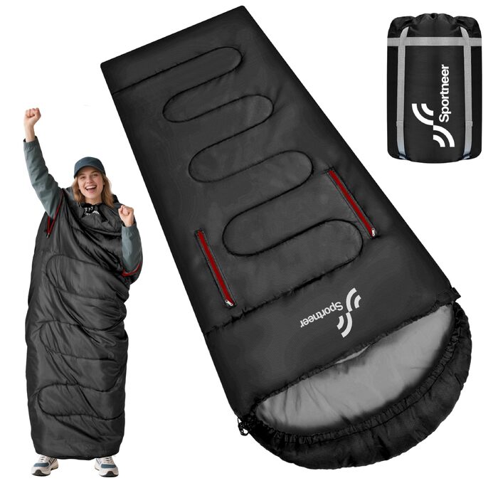 Спальний мішок Sportneer Outdoor у формі ковдри (220×85 см), чорний, температурний режим +10...+26 °C, з отворами для рук