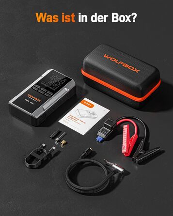 WOLFBOX 4000A: Пускозарядний пристрій з компресором 160PSI, 12V, 65W, 88.8Wh для бензин/дизель, LED-ліхтар, кабелі