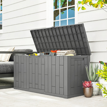 Водонепроникний садовий ящик Gartenbox 227 л з замком, стійкий до УФ-випромінювання, з деревним декором, 106,5x43x54,5 см, сірий
