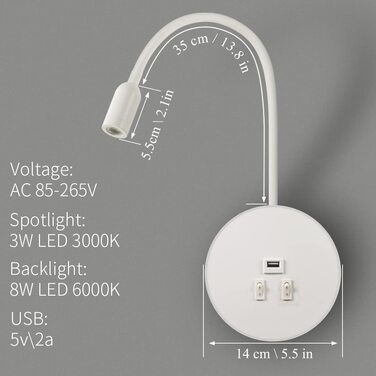 Світлодіодна настінна лампа для читання AWEKLIY з гнучкою ніжкою, USB-заряджання, перемикач, регульований світильник для спальні, 3W 3000K + 8W 6000K, біла