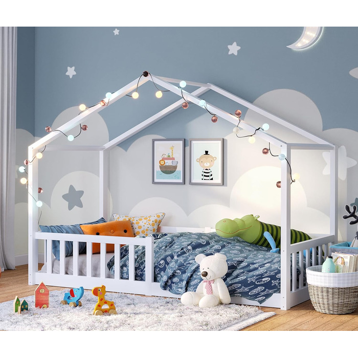 Дитяче ліжко-домік Bellabino Bia 80x160 см, біле, з бортиком і основою, Montessori підлогове ліжко з масиву сосни