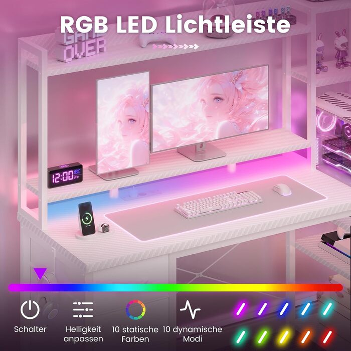 Ігровий стіл YOUDENOVA з шухлядами та полицями, 130x48 см, з LED-підсвіткою, розеткою та USB, стіл для комп'ютера з підставкою для монітора та тримачем для навушників, білий карбон
