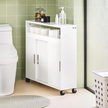 SoBuy BZR02-W шафа для ванної з ДСП, біла, на колесах, з відкритою полицею, вузький бічний стелаж 70x71x20 см