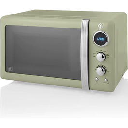 Мікрохвильова піч Swan Retro SM22030GNEU, 20 л, 800 Вт, 5 режимів, розморожування, таймер 60 хв, зелена, вінтажний дизайн, дзеркальні дверцята, 27 см тарілка