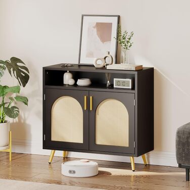 Сервант-комод YITAHOME чорний, кухонна шафа-буфет з ротанговими вставками, 80x35x75 см