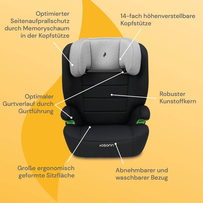 Дитяче автокрісло Osann Musca i-Size 100-150 см без Isofix, сіра меланж, з підлокітниками та спинкою