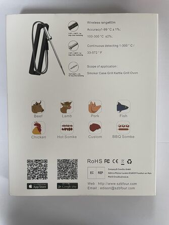 BFOUR Bluetooth термометр для гриля, 60 м, 2 зонди, великий РК-дисплей, нерж. сталь