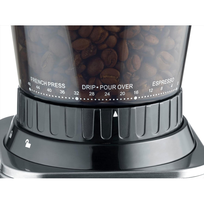 Електрична кавомолка CASO BaristaChef Inox з нержавіючої сталі, конічне жорно, 48 ступенів помолу, тримач для портафільтра, 450 об/хв, індивідуальне дозування