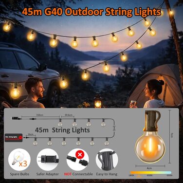LED гірлянда Kangtaixin 45м для вулиці з таймером, 78 лампочок G40, 4 режими, димер, водонепроникна, теплий білий для саду, балкону, вечірки