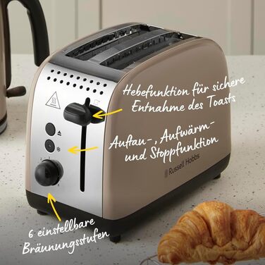 Тостер Russell Hobbs Colours Plus Edelstahl на 2 тости, Мока. Широкі слоти, підставка для булочок, 6 режимів, розморожування, Lift & Look, 1600 Вт