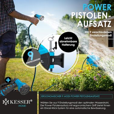KESSER® Автоматична кавова машина для шлангів 30м з підключенням до стіни, автозмотування, поворот 180°, насадка-пістолет з 9 режимами, 2 насадки (Синій)