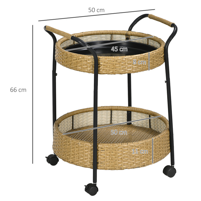 Візок для сервірування Outsunny, Φ50 x 66 см, Ротанговий візок з 2 полицями, Садовий візок, Круглі кухонні візки з ручками, Візок для бару на відкритому повітрі, Natural