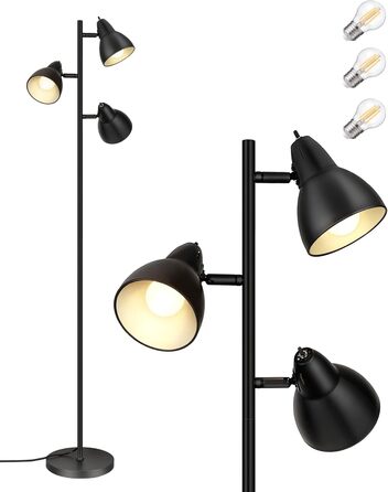 Торшер EDISHINE 163 см, 3 лампи, чорний, з LED-лампою E27, регульований, вінтажний, для вітальні, спальні, офісу, з індивідуальними вимикачами, сучасний дизайн, лампа у комплекті