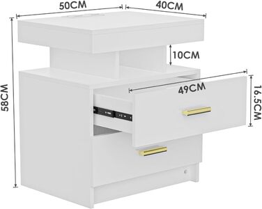 Приліжкова тумба Lvhcmfohm з глянцем, розеткою та USB, 2 шухляди, для спальні та вітальні, 45x35x52,5 см, біла