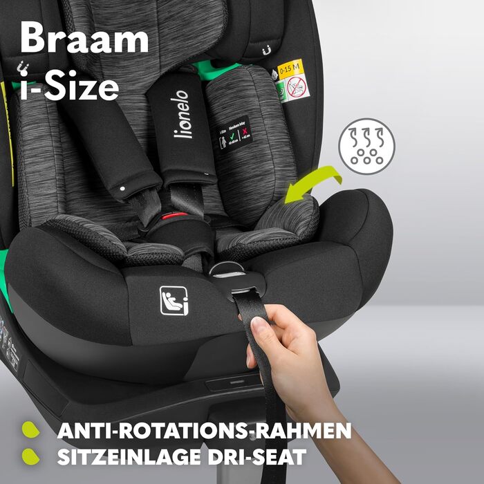 Дитяче автокрісло Lionelo Braam i-Size 360° ISOFIX, 0-36 кг, обертальне, регульована підголівник і спинка, з редукційною вставкою, чорне