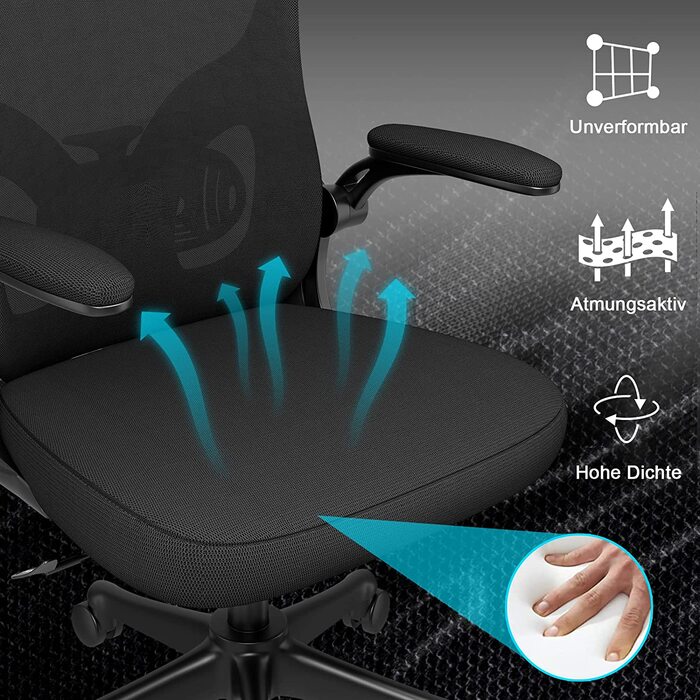 Офісний стіл Ergonomischer Bürostuhl з дихаючою сіткою, регульовані підлокітники, підголівник, поперекова підтримка, регулювання висоти, поворотний стілець на 360°, темно-чорний