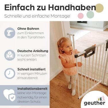Захисний бар'єр на двері Geuther Easylock Plus для сходів, дерев'яно-металевий, без свердління, двосторонній, сірий-натуральний (120,5-128,5 см)