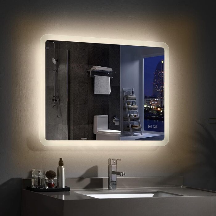 Великий настінний дзеркало Badspiegel 120x70 см з підсвічуванням LED, сенсорне керування, антизапар, регулювання яскравості для ванної кімнати та вітальні, біле світло (50x70 см, 3 кольори світла)