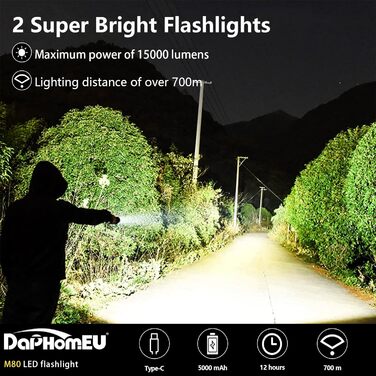 Ліхтарик daphomeu LED, акумуляторний, 500000 люмен, надяскравий, тактичний, зум, водонепроникний, 5 режимів, для кемпінгу, туризму, екстрених ситуацій (1 шт.)