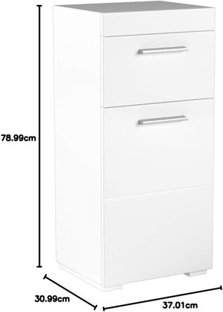 Комод для ванної Trendteam Amanda, білий глянцевий, 37x79x31 см, з 1 дверцятами і 1 шухлядою, універсальний, сріблясті ручки