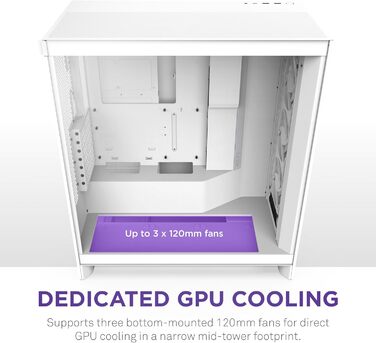 Корпус NZXT H7 Flow RGB білого кольору, Mid-Tower ATX з ефективною вентиляцією, комплектується RGB-вентиляторами, підтримка підлогових вентиляторів для прямого охолодження GPU, сумісний з 360 мм вентиляторами у єдиній рамі