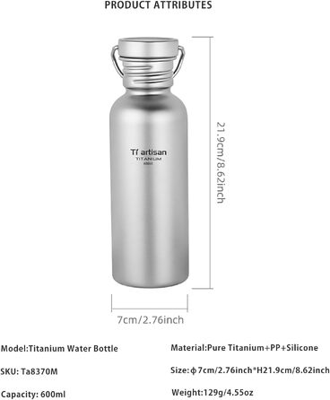 Титан Фляга Ti Artisan 600 мл: Легка спортивна пляшка для води з титану, широка горловина, герметична, для кемпінгу, туризму, велоспорту