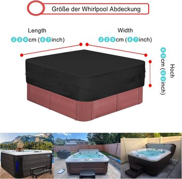 Водонепроникний чохол для гідромасажного джакузі Whirlpool 600D, захисна кришка для спа-ванни від снігу, вітру та UV-променів, чорний (200x200x85 см)