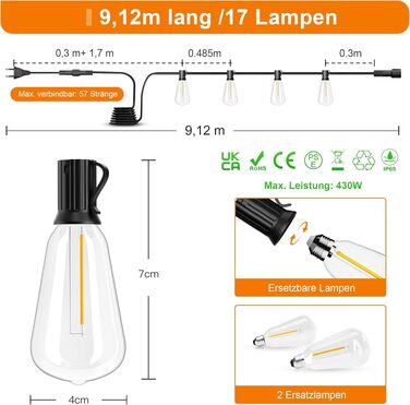 Гірлянда вулична LED 36м Lichterkette для саду, тераси, святкова, теплий білий, IP65, з подовжувачем