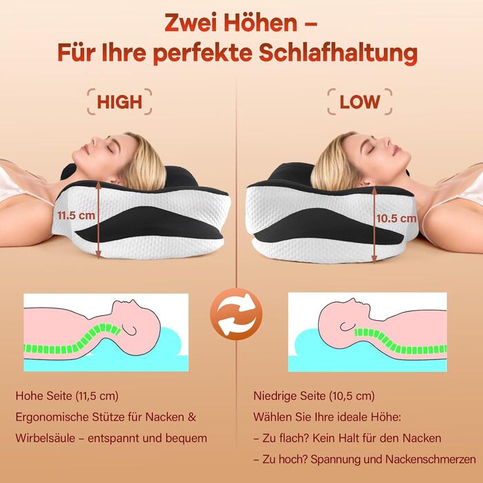 Подушка для шиї з піни Memory Foam - ортопедична подушка для сну на боці, спині та животі (чорна)