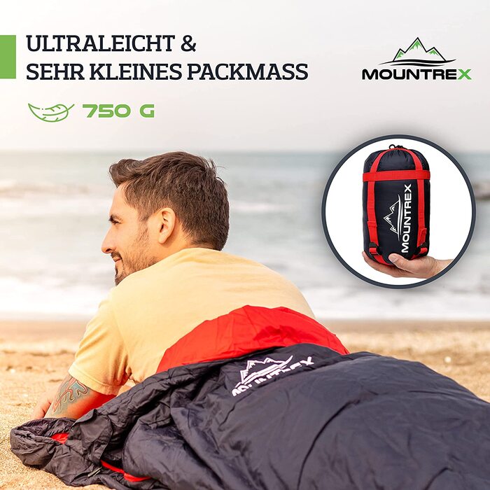 Спальний мішок MOUNTREX ультралегкий 760г, компактний, літній, мумія, для кемпінгу, подорожей, фестивалів, 100GSM, теплий, з'єднуваний, темно-синій/червоний