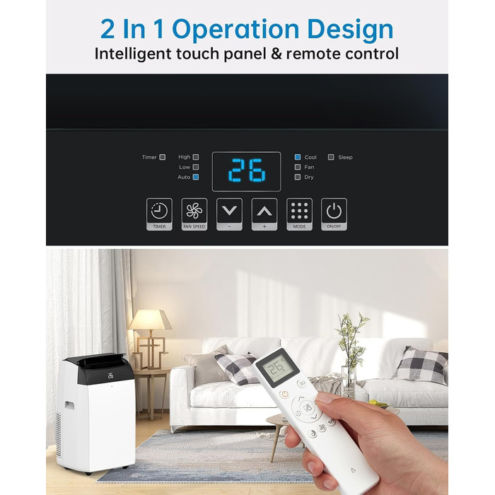Мобільний кондиціонер 4-в-1 Leises 12000 BTU: охолодження, вентиляція, осушення, режим Follow-Me. Для приміщень до 51 м². Чорний, з пультом, таймером на 24 год.