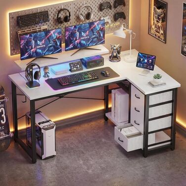 Кутовий комп'ютерний стіл JUMMICO L-подібний з 4 ящиками, розетками та USB, для дому/офісу, геймінгу, білий, 140x80 см