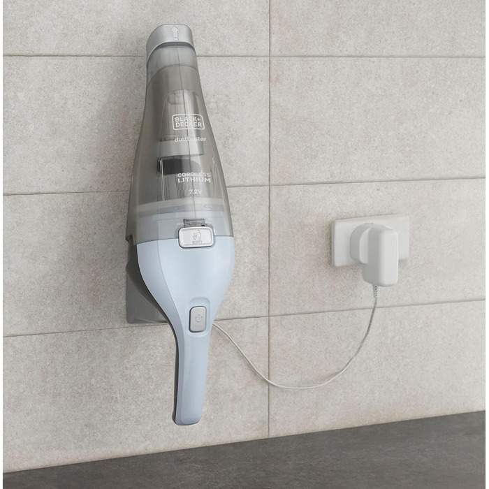 Акумуляторний ручний пилосос BLACK+DECKER Dustbuster NVC215W, 7,2 В, безмішковий, бездротовий, широка насадка, контейнер для пилу, що миється, насадка для щілин, зарядна станція з кріпленням на стіну, небесно-блакитний