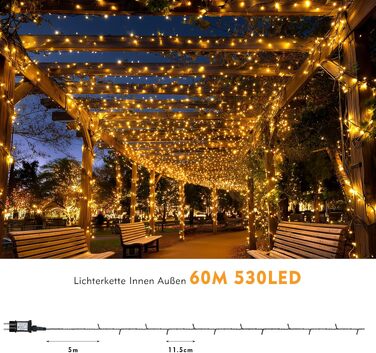Світлодіодна гірлянда для вулиці 60м 530 LED, тепло-біла світлодіодна ілюмінація з таймером та 8 режимами, водонепроникна IP44 для саду, балкона та новорічного декору