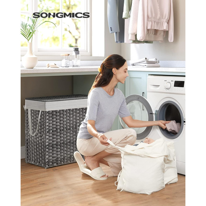 Кошик для білизни SONGMICS 130 л з кришкою, 2 секції, ручки, знімний мішок, плетений, сірий, 33x66x60 см, для спальні та ванної