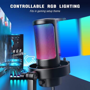 FIFINE USB мікрофон для ПК, геймінгу, стрімінгу, подкастів, студії, з RGB-підсвіткою, вимикачем звуку, виходом для навушників і поп-фільтром, сумісний з PS4, PS5, Mac