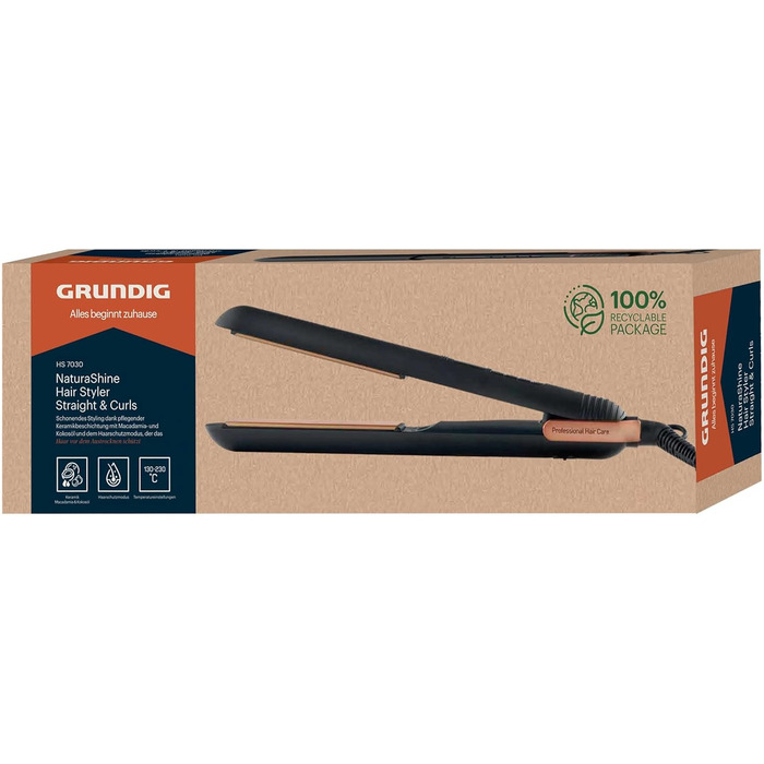 Випрямляч для волосся GRUNDIG Naturashine HS 7030, іонний, керамічний, 6 режимів, 130–230°C, захист волосся, чорний/рожеве золото