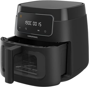 Аерофритюрниця Grundig FRY 7320, 7.6 л, 1750 Вт, сенсорне управління, антипригарне покриття, велике оглядове вікно, налаштування температури та часу, чорна, кошик для посудомийної машини