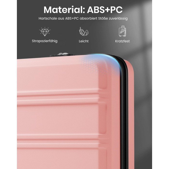 Ручний дорожній валіза KONO з ABS+PC, жорстка валіза для кабіни (52x38x21 см), легка валіза з колесами та TSA-замком для Lufthansa, Eurowings, EasyJet, Rosegold