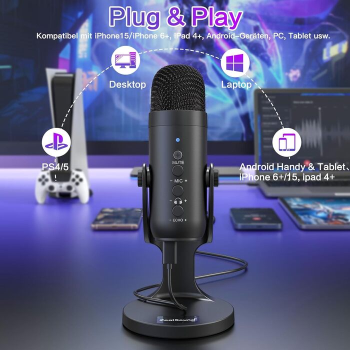 Zealsound USB конденсаторний мікрофон для ПК, смартфонів, PS4/PS5, подкастів, стрімінгу, запису, ASMR, з функціями Mute, Gain, Echo, адаптером для телефону, сумісний з Mac і Windows