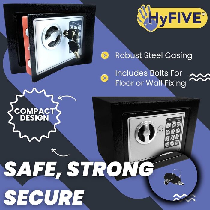 Сталевий сейф Hyfive Safebox для дому та офісу: цифровий замок, 2 ключі, підвищена безпека